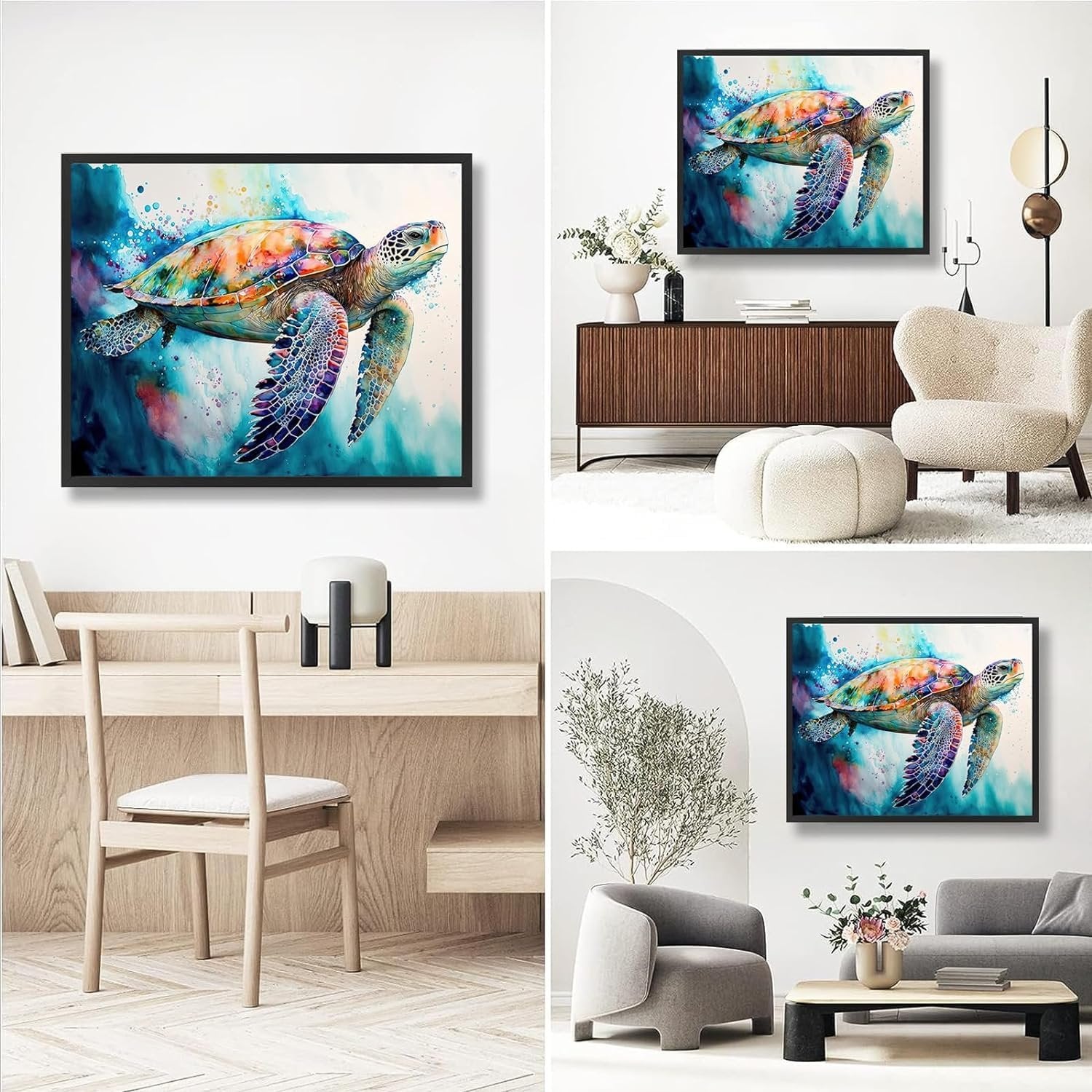 Colorful sea turtle painting displayed in a modern living room and office setting.