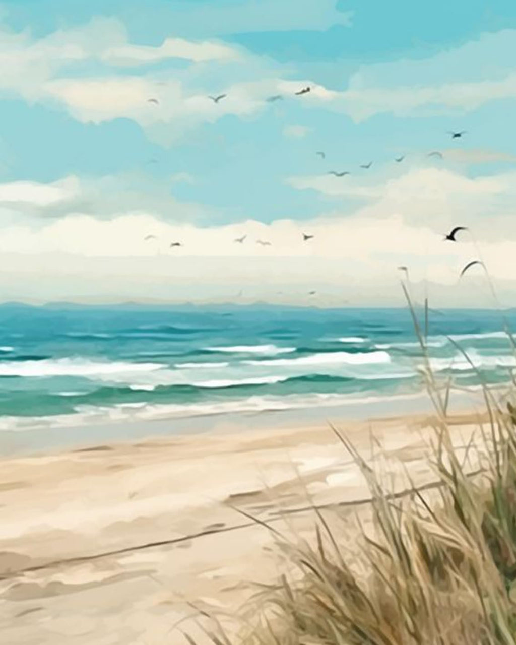 Seaside beach scene with waves, sand, and birds flying in a cloudy sky, rendered in a painterly style.