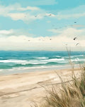 Seaside beach scene with waves, sand, and birds flying in a cloudy sky, rendered in a painterly style.