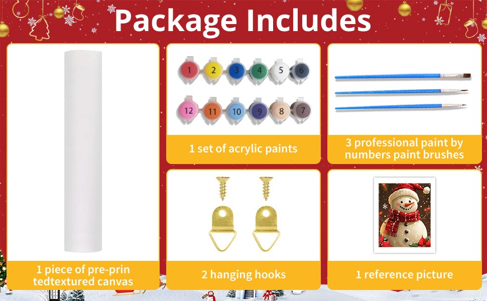 Paint by numbers kit contents: canvas, acrylic paints, brushes, hanging hooks, and reference picture of a snowman.