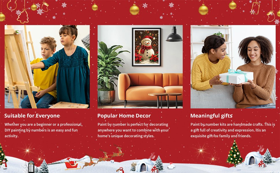 Collage of three scenes related to a paint by numbers kit: children painting, a finished snowman painting on a wall, and two women exchanging a gift.