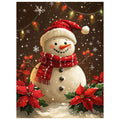 Christmas snowman with red scarf and Santa hat surrounded by poinsettias and snowflakes, with string lights above.