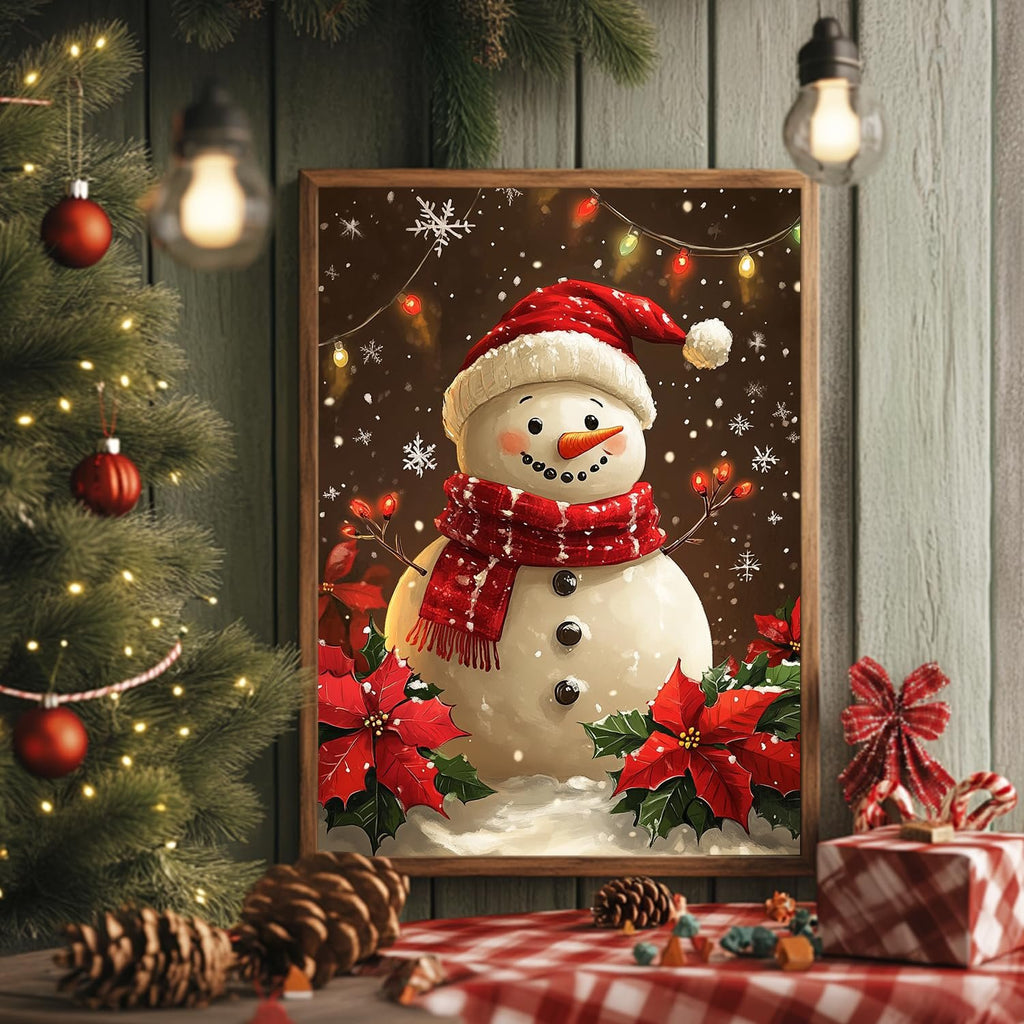 Christmas snowman painting in a frame, surrounded by festive decorations like a Christmas tree and gifts.