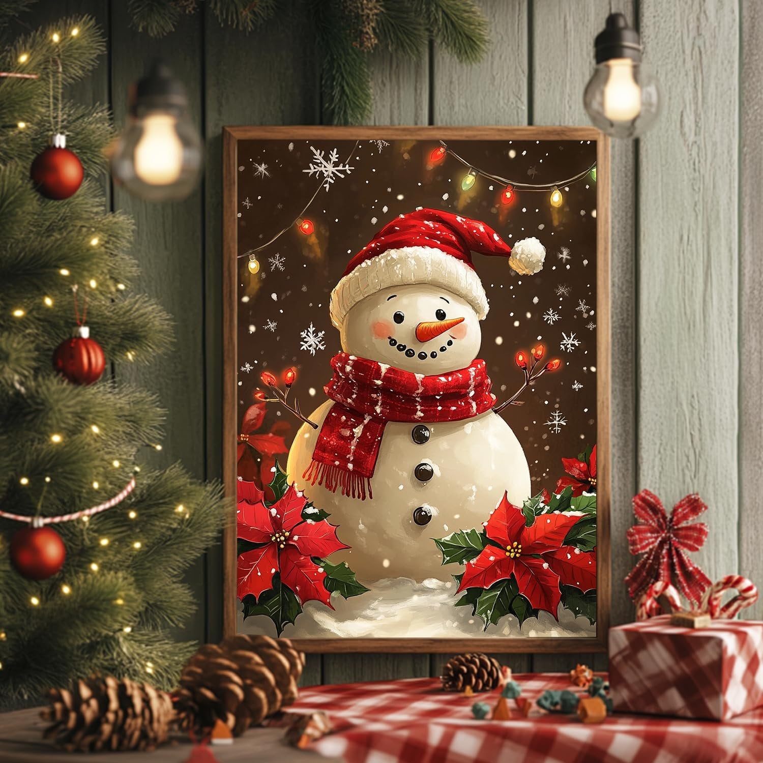 Christmas snowman painting in a frame, surrounded by festive decorations like a Christmas tree and gifts.
