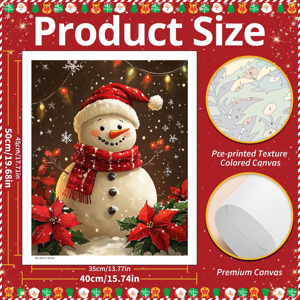Paint by numbers kit featuring a snowman with a Santa hat and scarf, surrounded by poinsettias and Christmas lights.