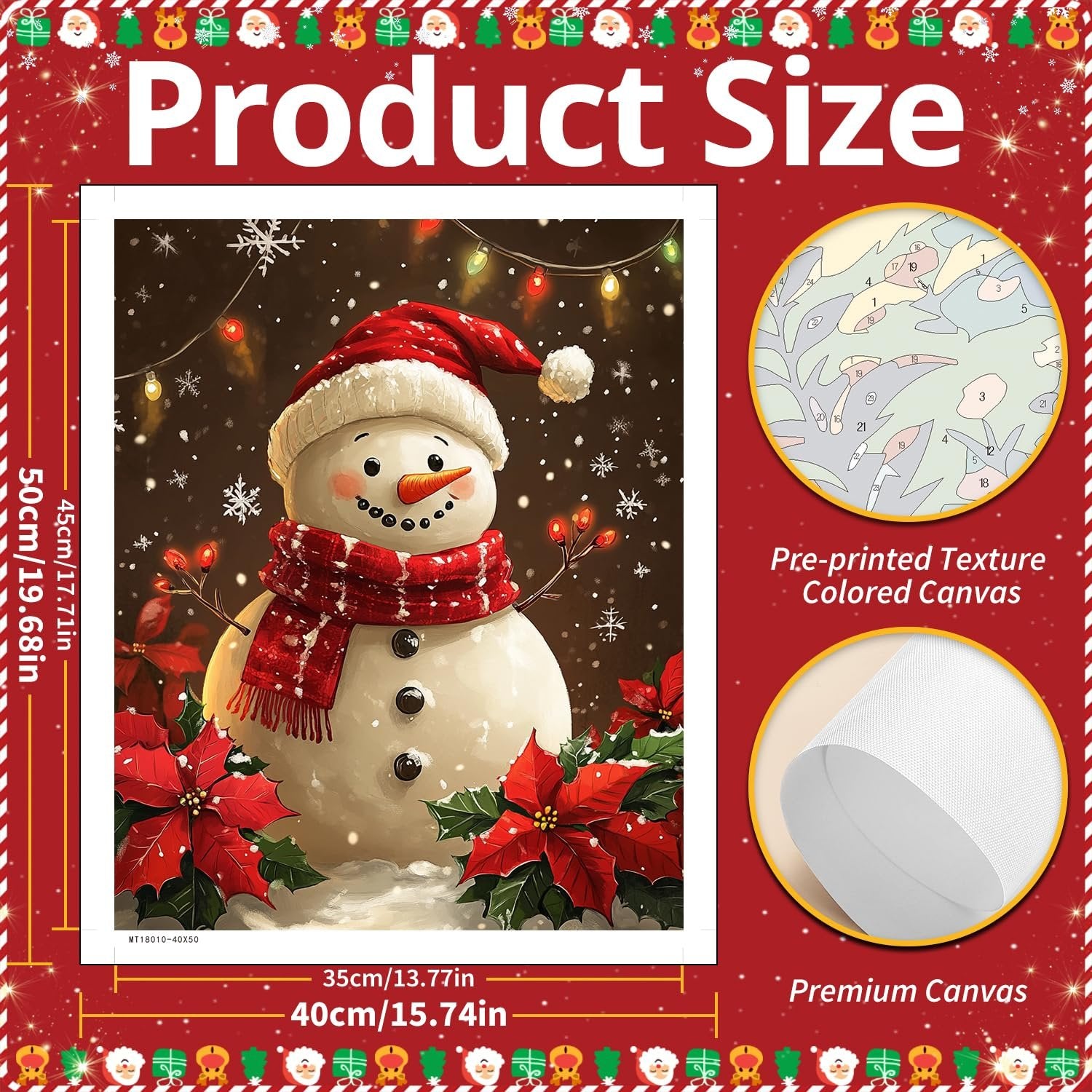 Paint by numbers kit featuring a snowman with a Santa hat and scarf, surrounded by poinsettias and Christmas lights.