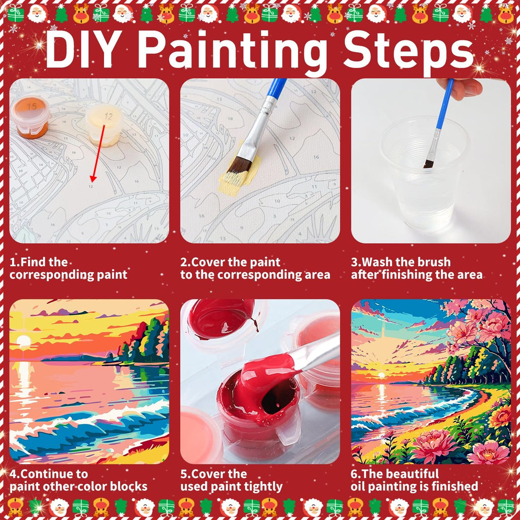 Paint by numbers kit instructions showing 6 steps from finding paint to finishing the artwork.