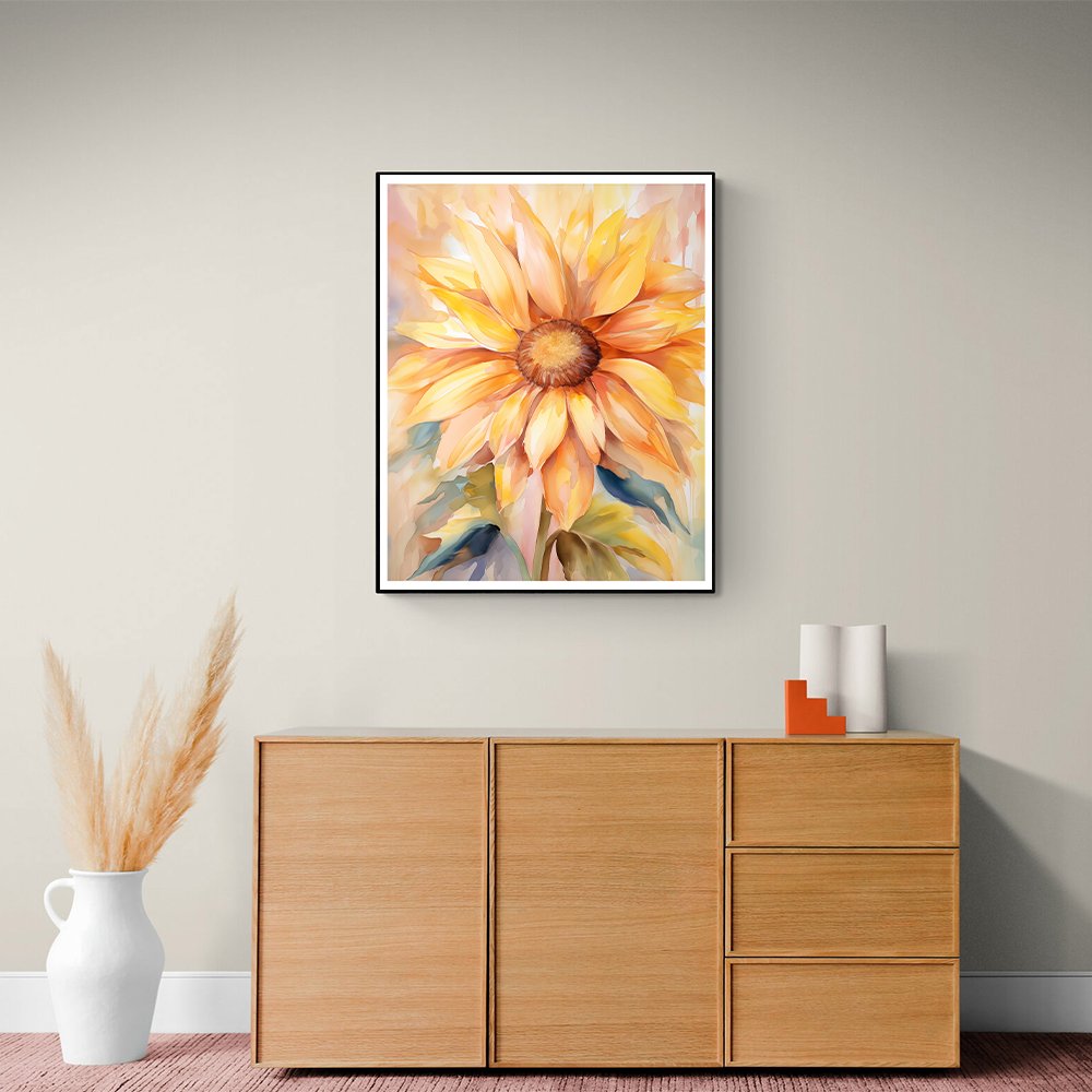 Framed watercolor painting of a sunflower hanging above a wooden cabinet with decorative vases.