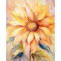 Watercolor painting of a large sunflower with yellow and orange petals against a soft, abstract background.