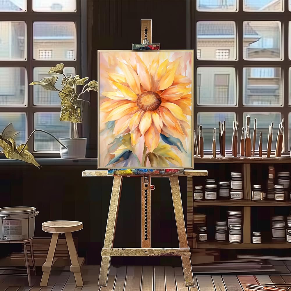 Sunflower painting on an easel in an art studio setting with shelves of jars and art supplies