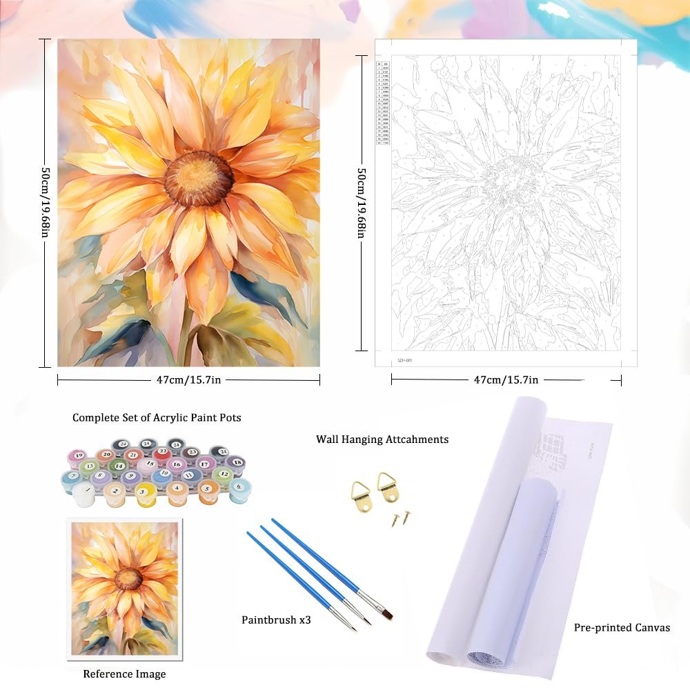 Paint by numbers kit showing a finished sunflower painting, numbered canvas, paint pots, brushes, and hanging hardware.