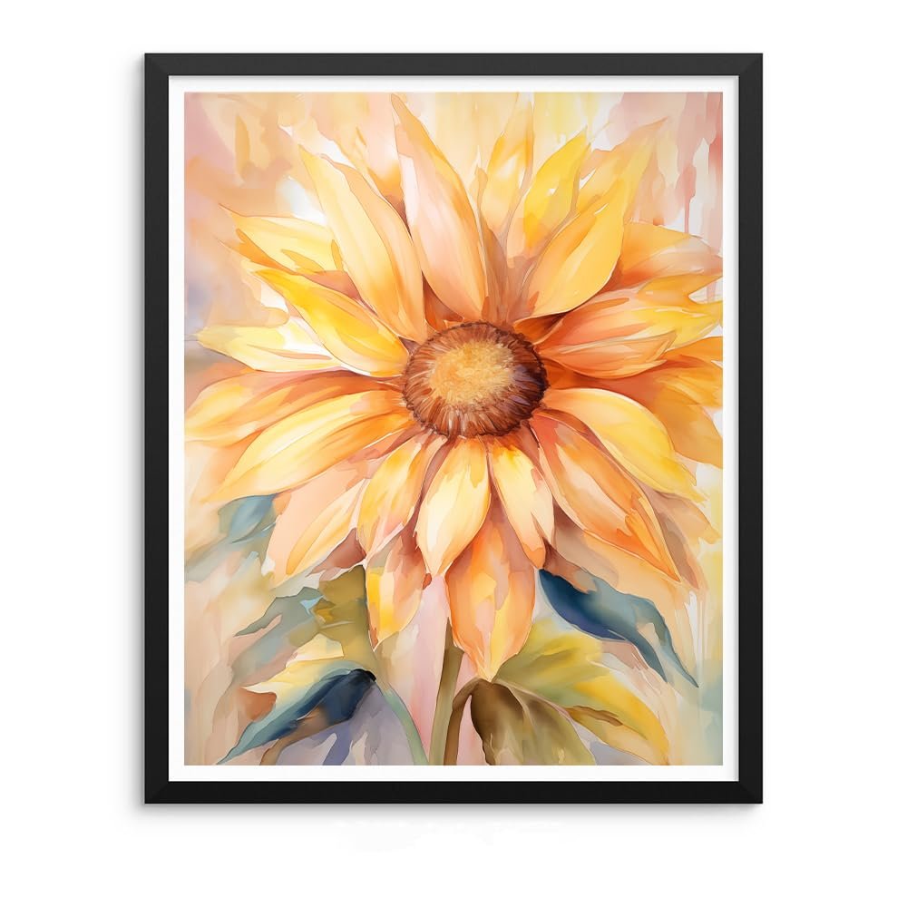 Watercolor painting of a large yellow sunflower with a brown center, framed in black.