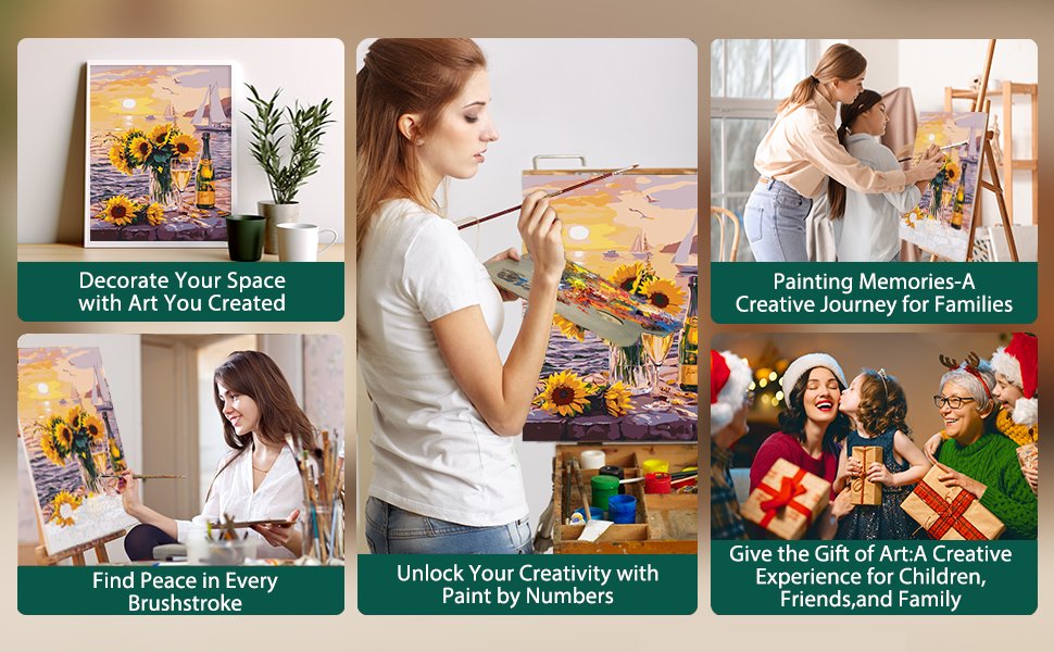 Collage of paint by numbers kit activities: finished painting, woman painting, family painting, and holiday gifting.