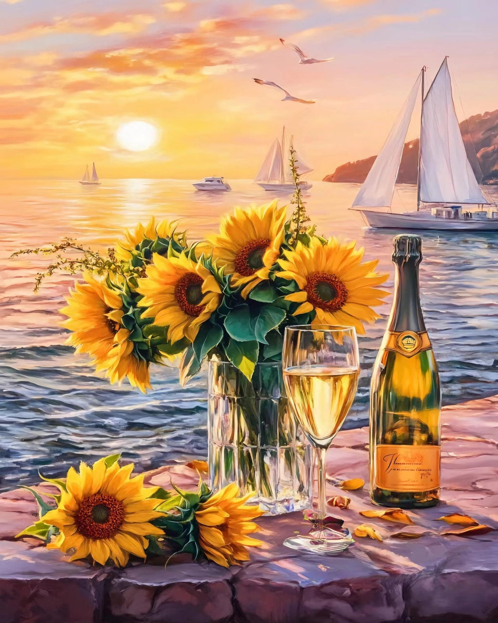 Painting of sunflowers in a vase with a glass of champagne and a bottle on a table by the sea at sunset with sailboats