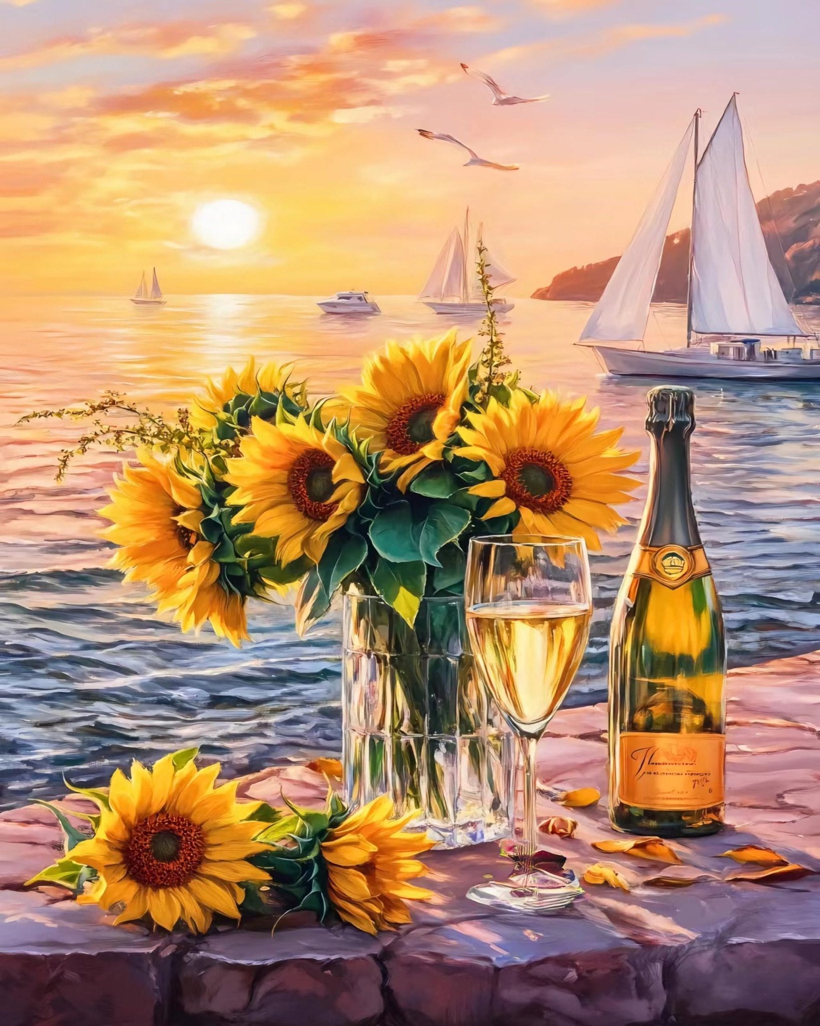 Painting of sunflowers in a vase with a glass of champagne and a bottle on a table by the sea at sunset with sailboats