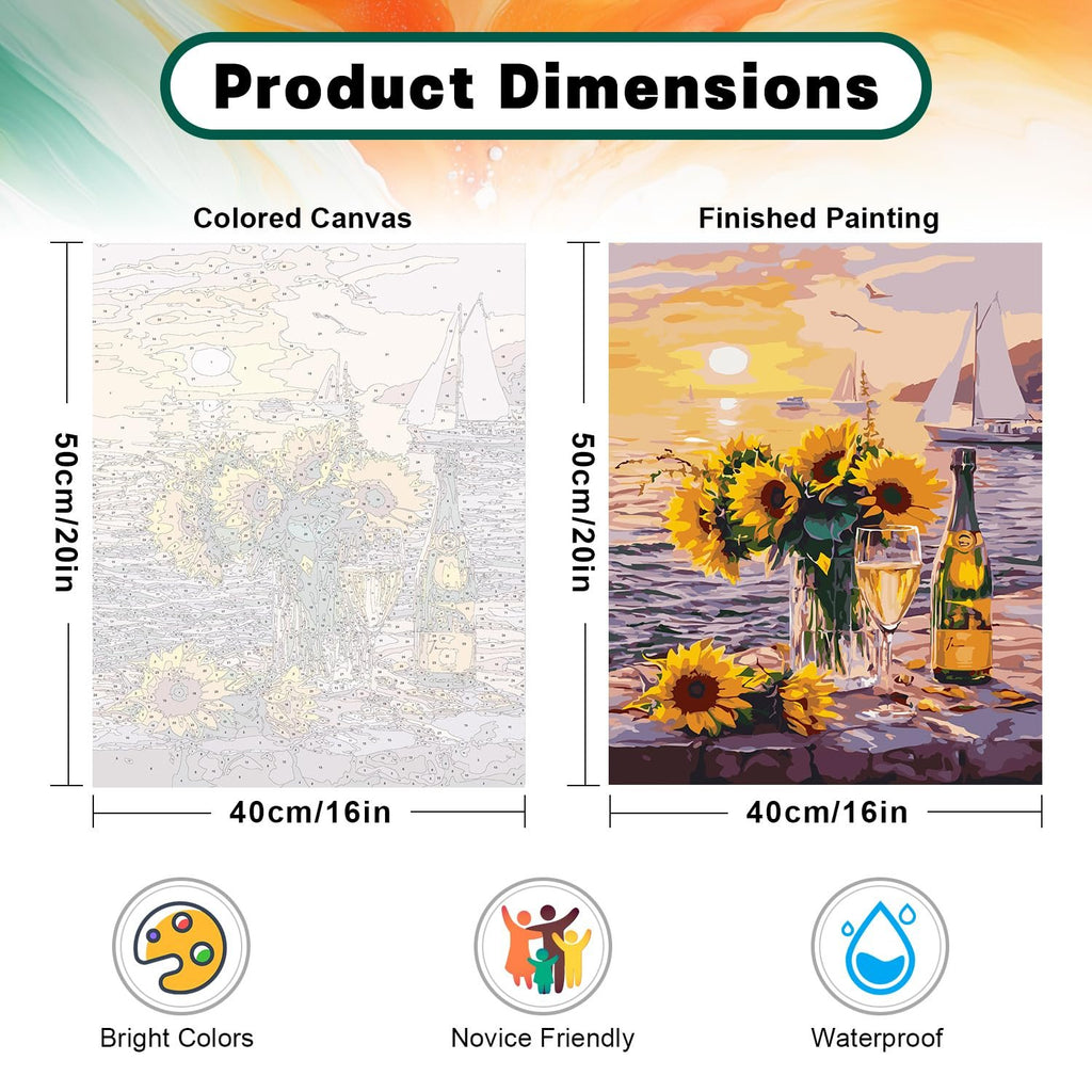 Paint by numbers kit dimensions showing colored canvas and finished painting of sunflowers at sunset.