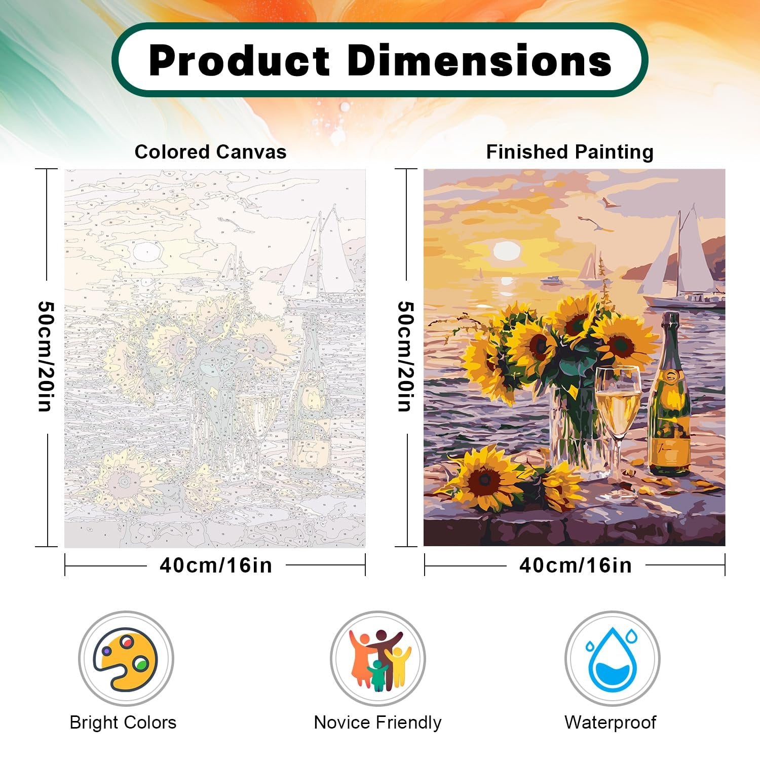 Paint by numbers kit dimensions showing colored canvas and finished painting of sunflowers at sunset.