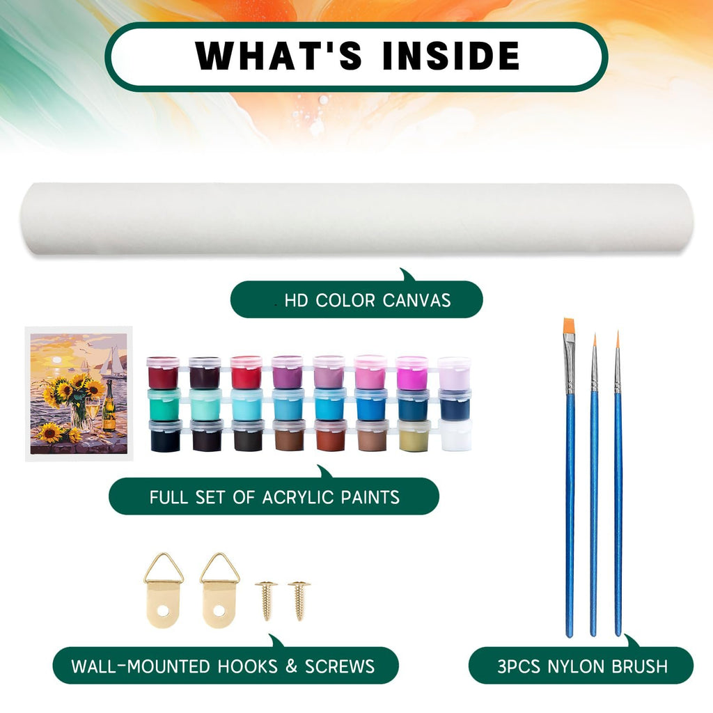 Paint by numbers kit contents: rolled canvas, acrylic paints, brushes, and wall-mounting hardware.
