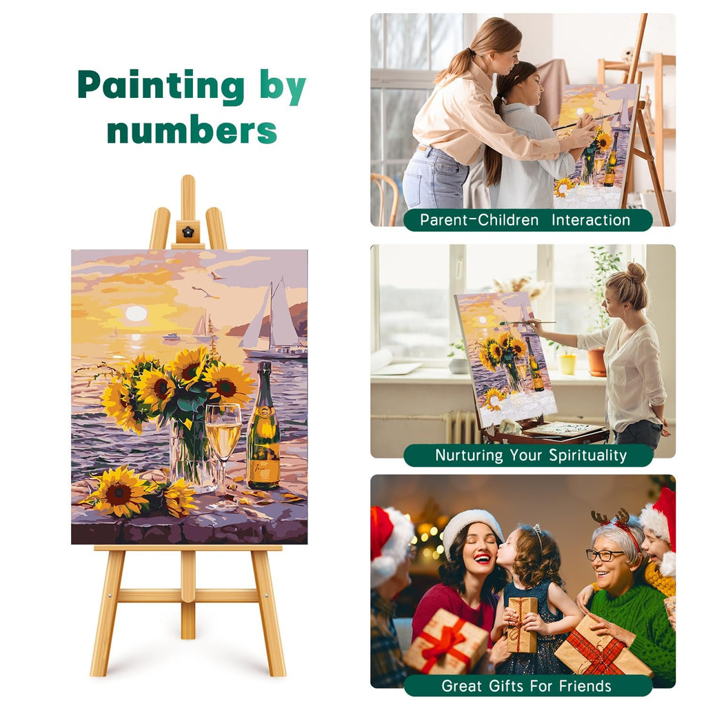 Paint by numbers kit featuring sunflowers and sailboats at sunset, displayed on an easel with lifestyle images.
