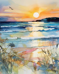Watercolor painting of a beach at sunset with waves, birds, and coastal plants in the foreground.