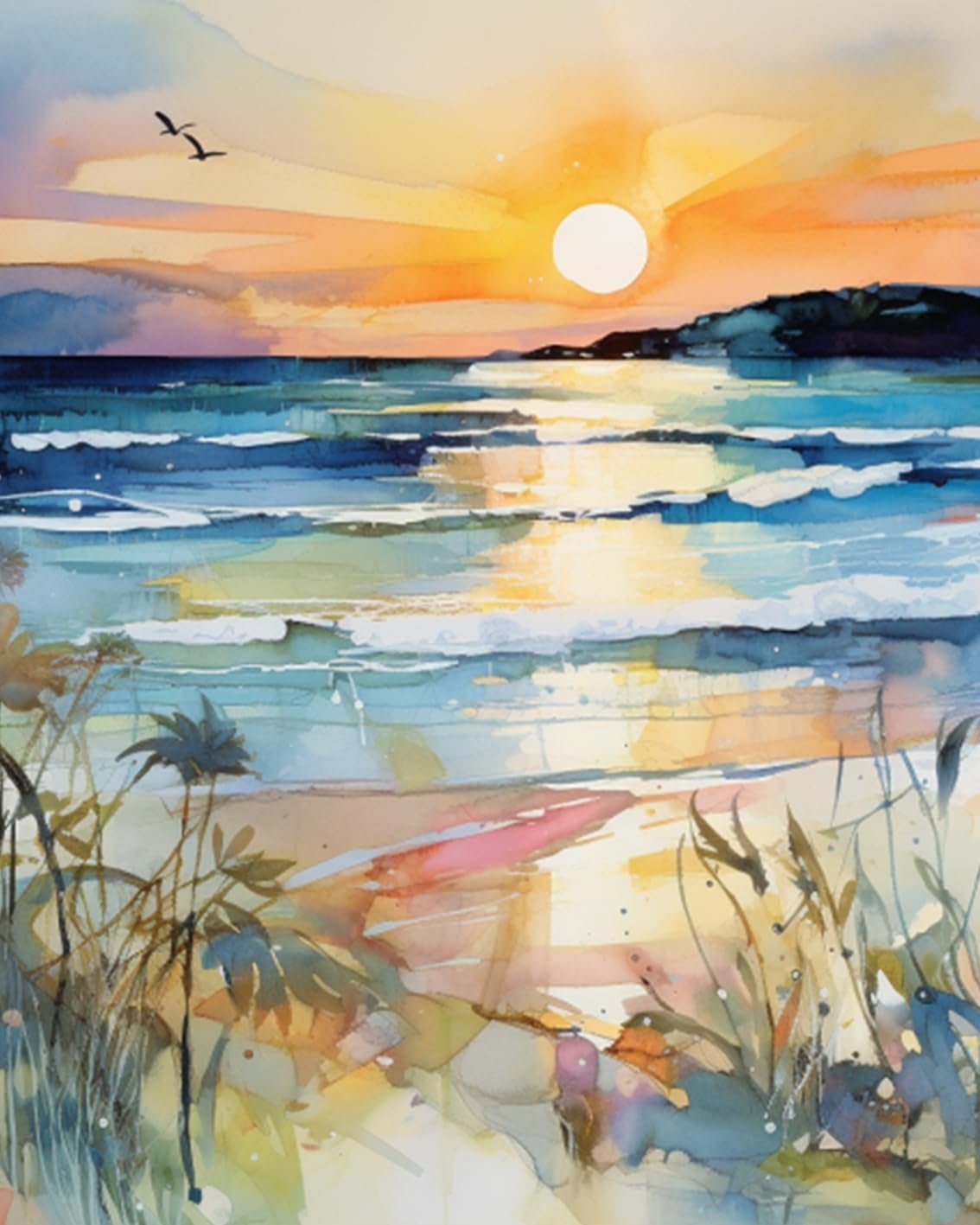 Watercolor painting of a beach at sunset with waves, birds, and coastal plants in the foreground.