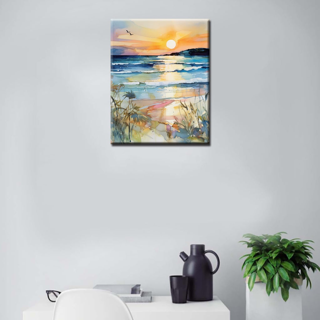 Watercolor painting of a sunset beach scene with palm fronds in the foreground, displayed on a wall.