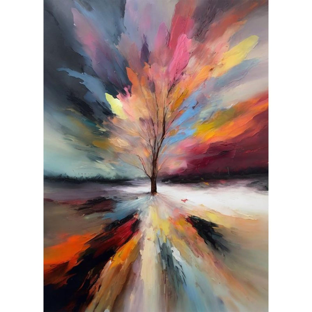 Abstract painting of a tree with colorful, explosive brushstrokes radiating outwards, set against a dark, moody background.