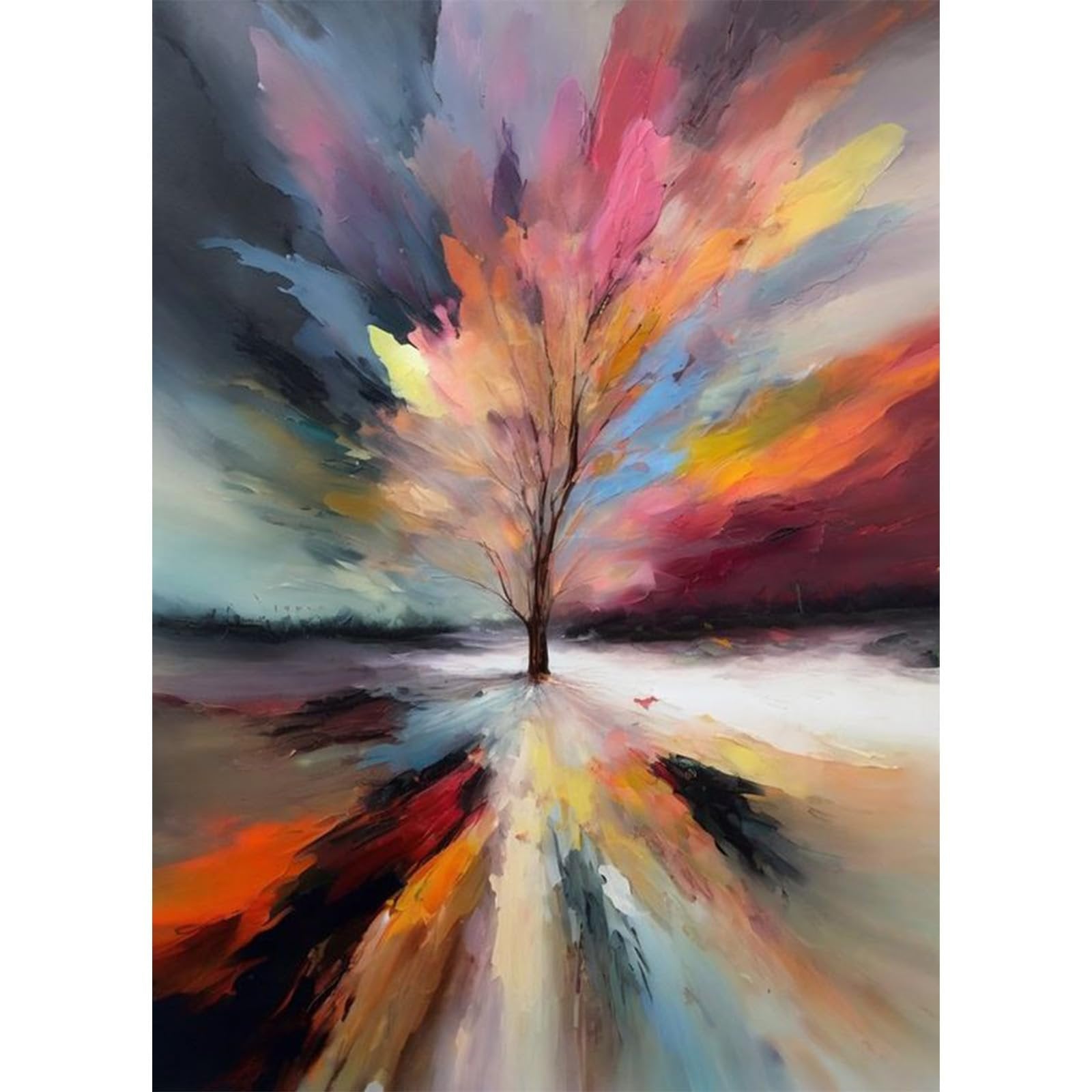 Abstract painting of a tree with colorful, explosive brushstrokes radiating outwards, set against a dark, moody background.