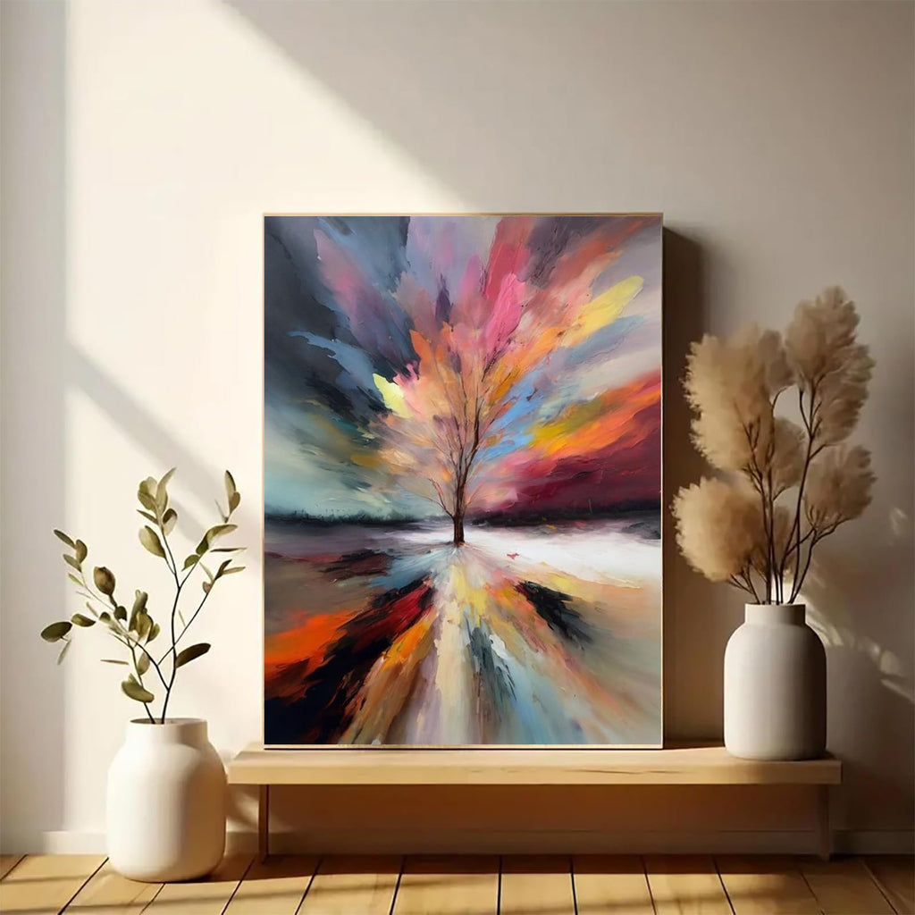 Abstract painting of a tree with colorful, explosive branches against a dark background, displayed on a shelf with vases and plants.