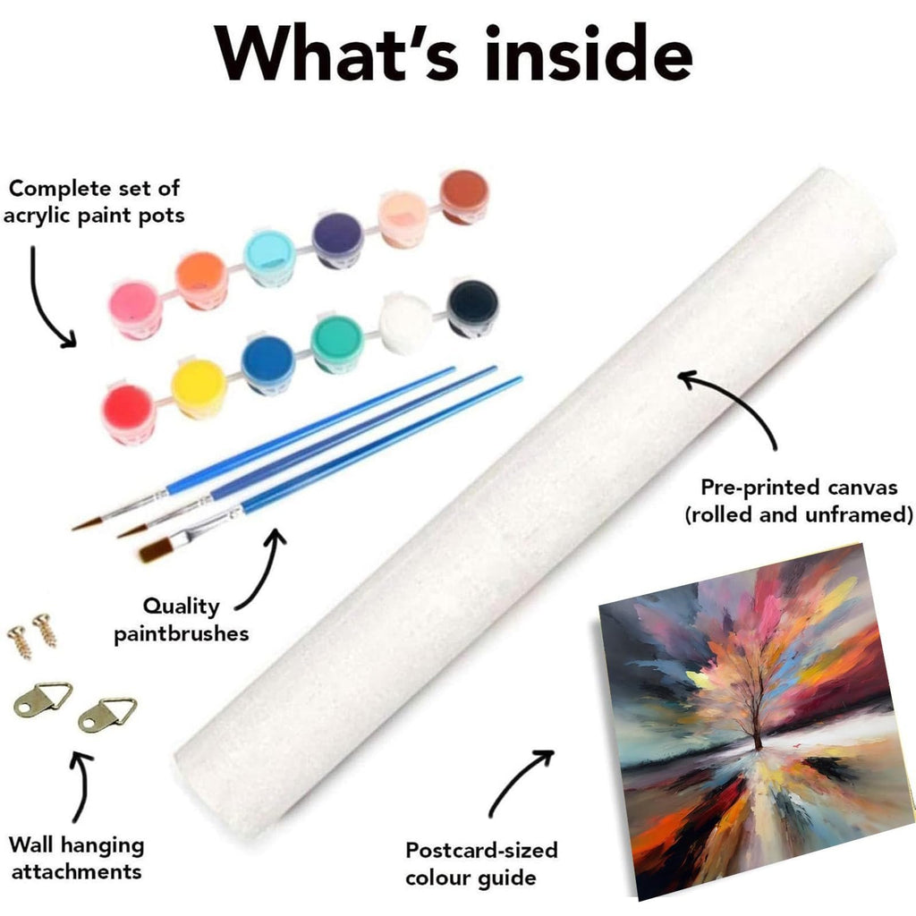 Paint by Numbers kit contents: acrylic paint pots, brushes, canvas, wall hanging attachments, and color guide.