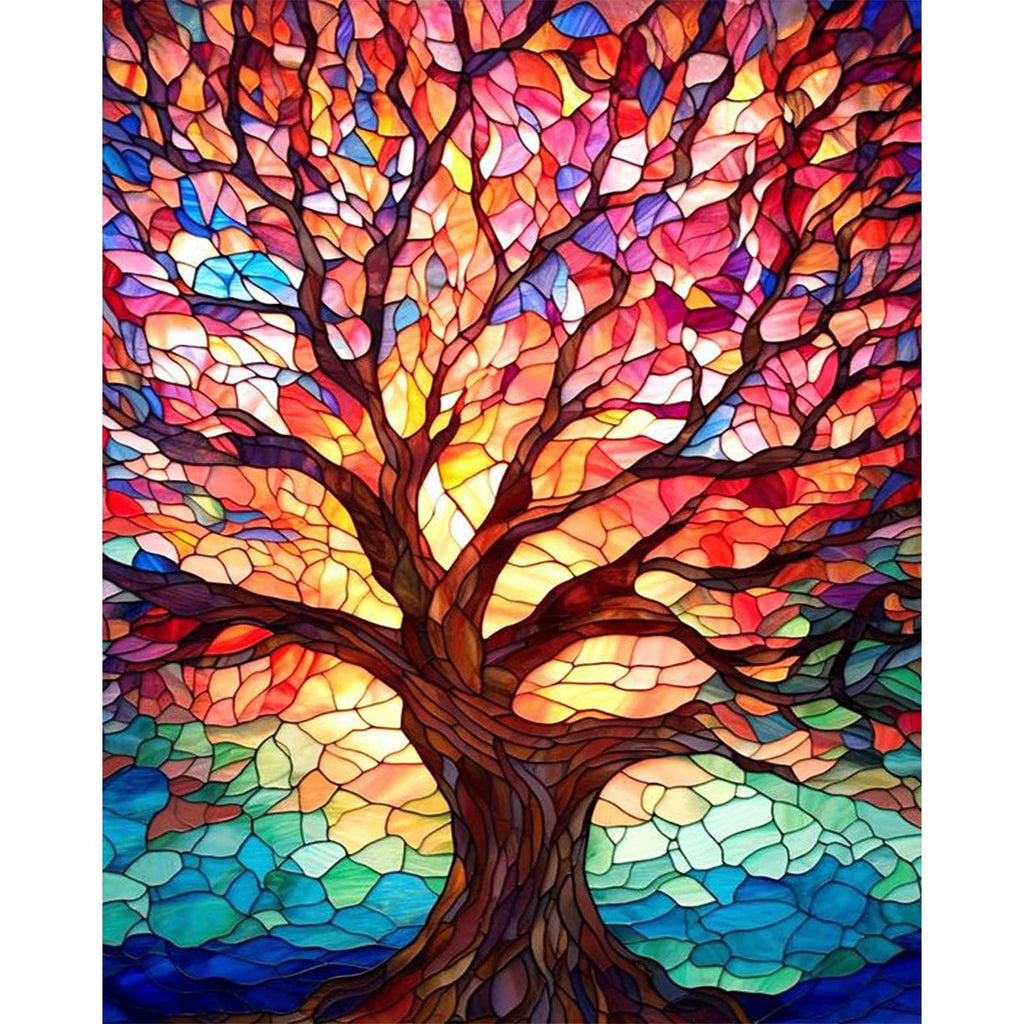 Paint by numbers kit canvas showing a stained glass style tree with colorful leaves and a dark trunk against a bright sky.