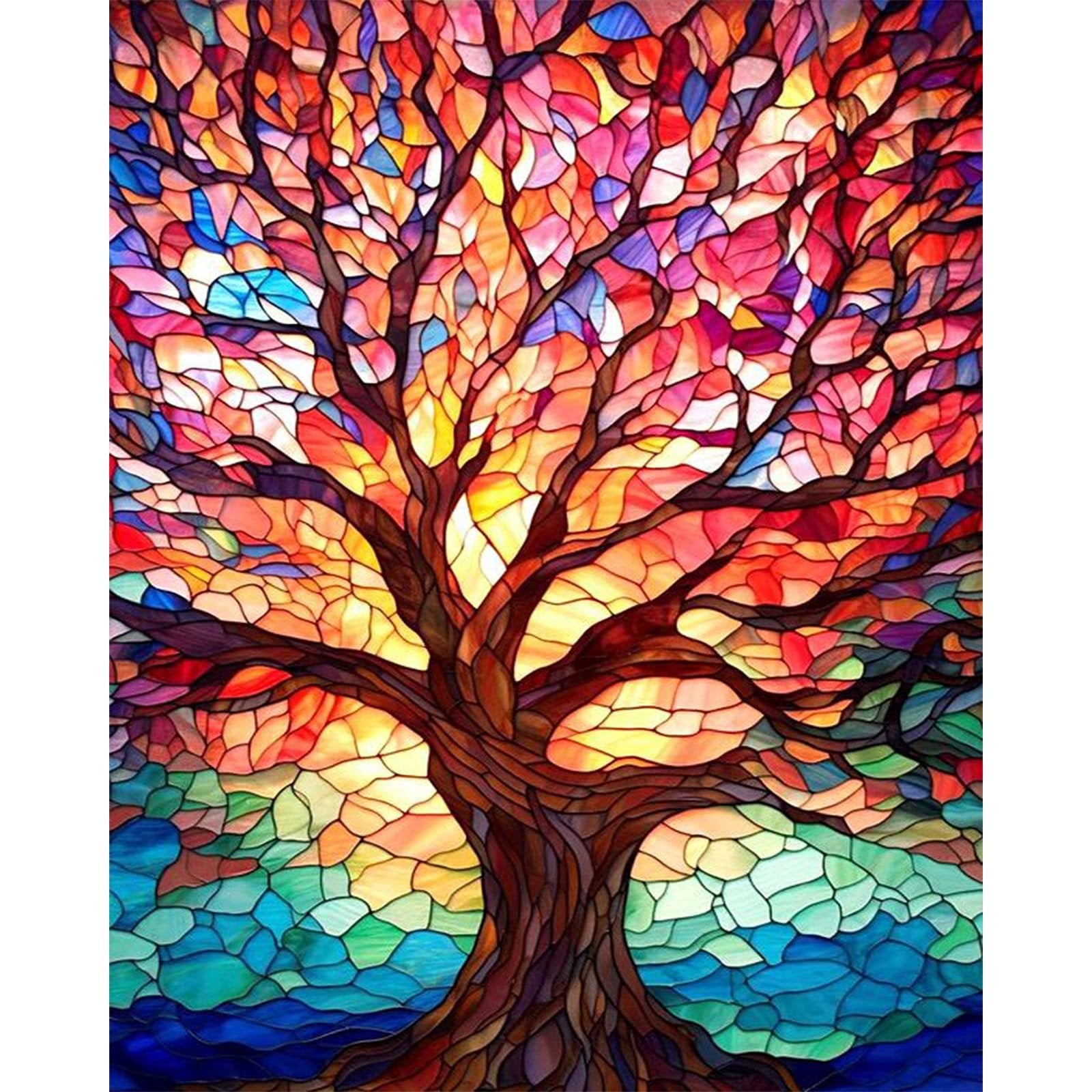 Paint by numbers kit canvas showing a stained glass style tree with colorful leaves and a dark trunk against a bright sky.
