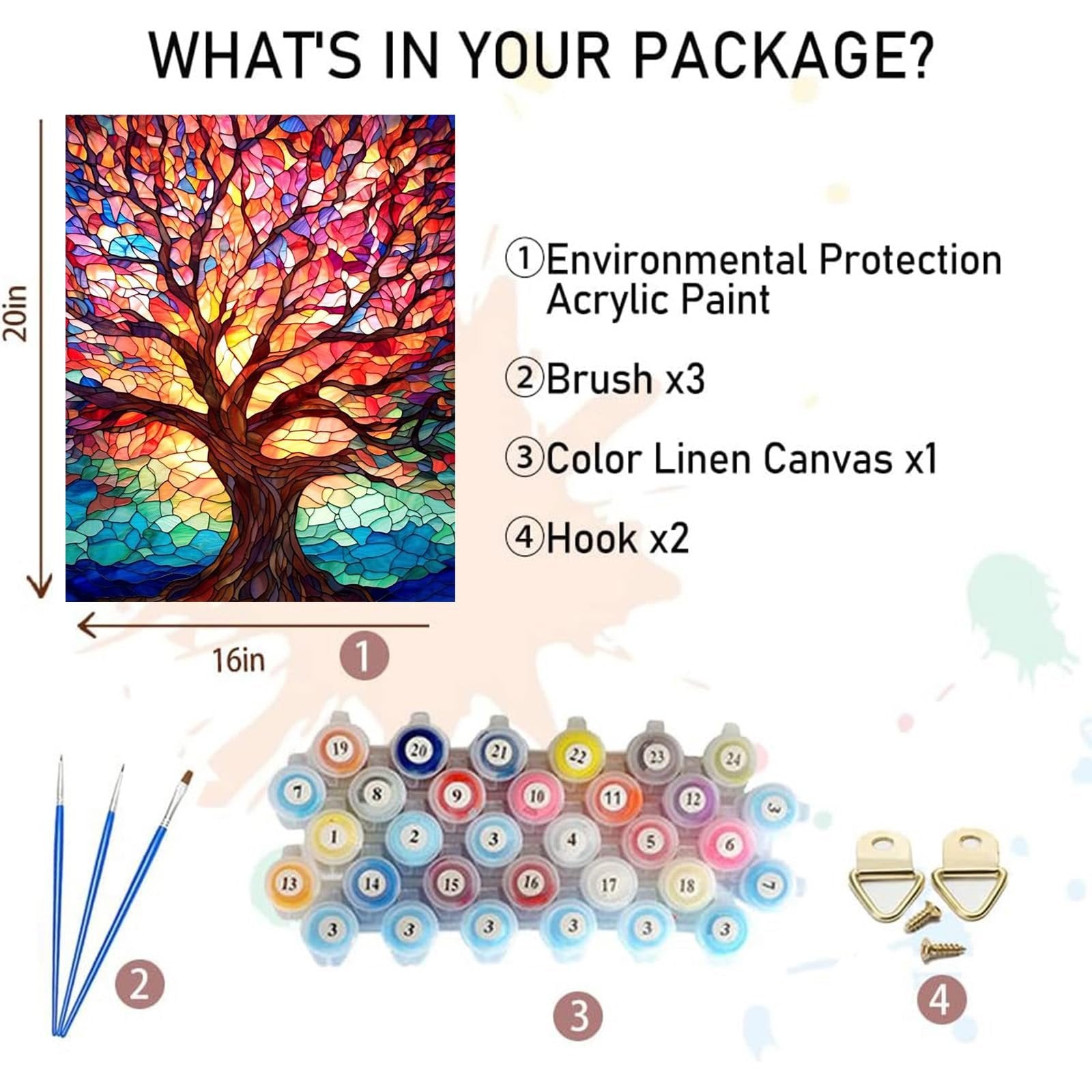 Paint by numbers kit contents: stained glass style tree art, acrylic paints, brushes, canvas, and hangers. Dimensions 16x20 inches.