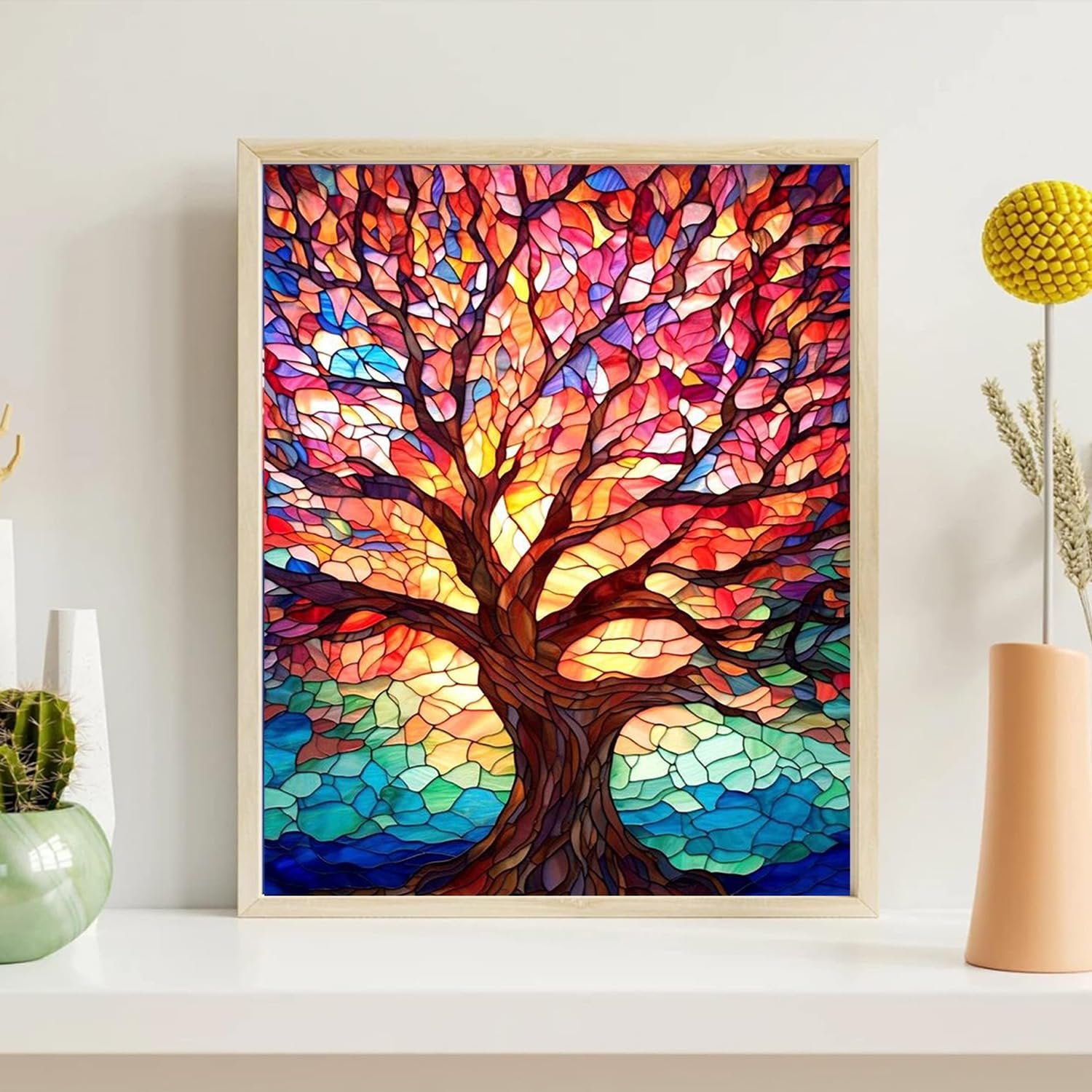 Framed stained glass style painting of a tree with colorful leaves and a blue water base, displayed on a shelf with decorative items.