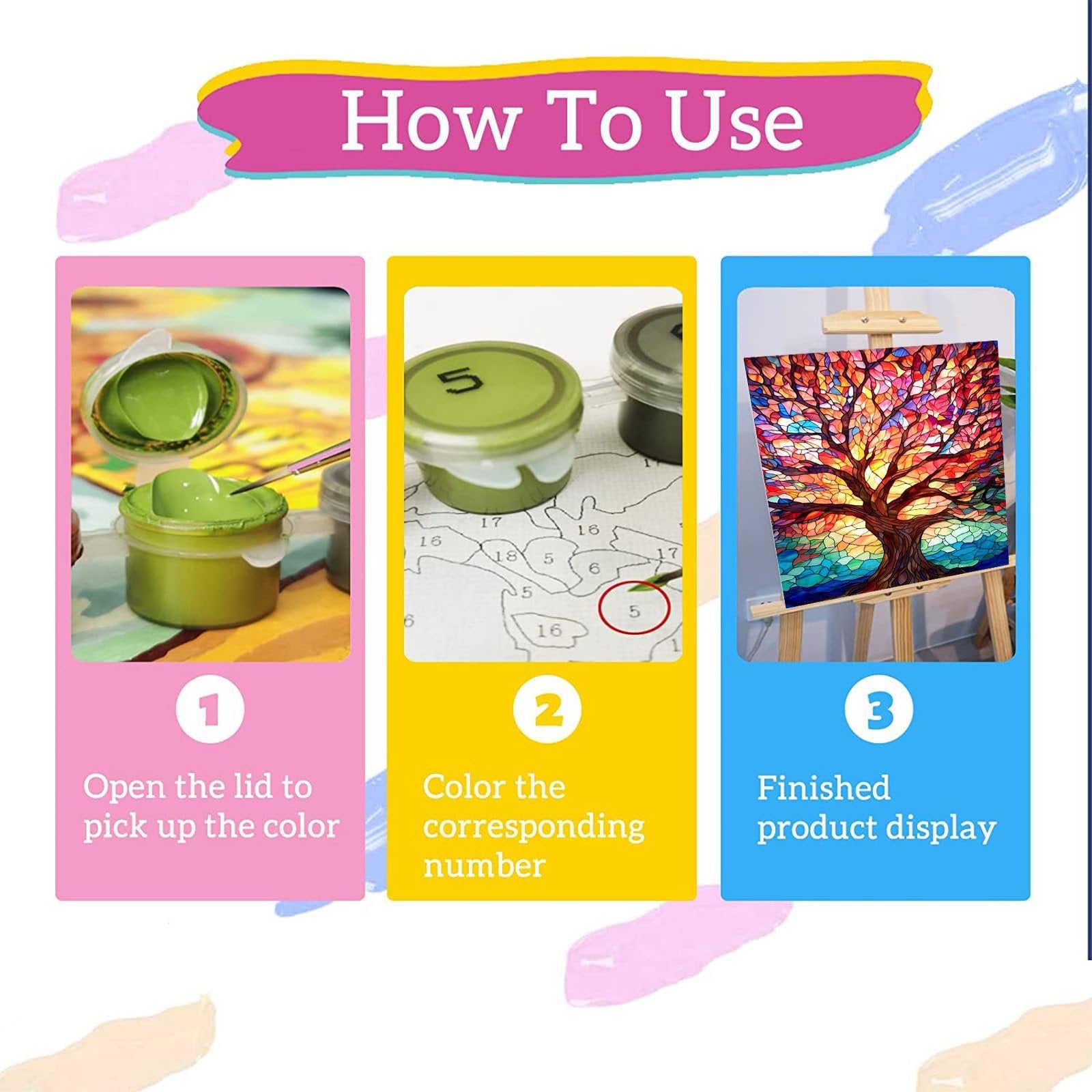Paint by numbers kit instructions showing three steps: opening paint, coloring numbered sections, and finished artwork of a tree.