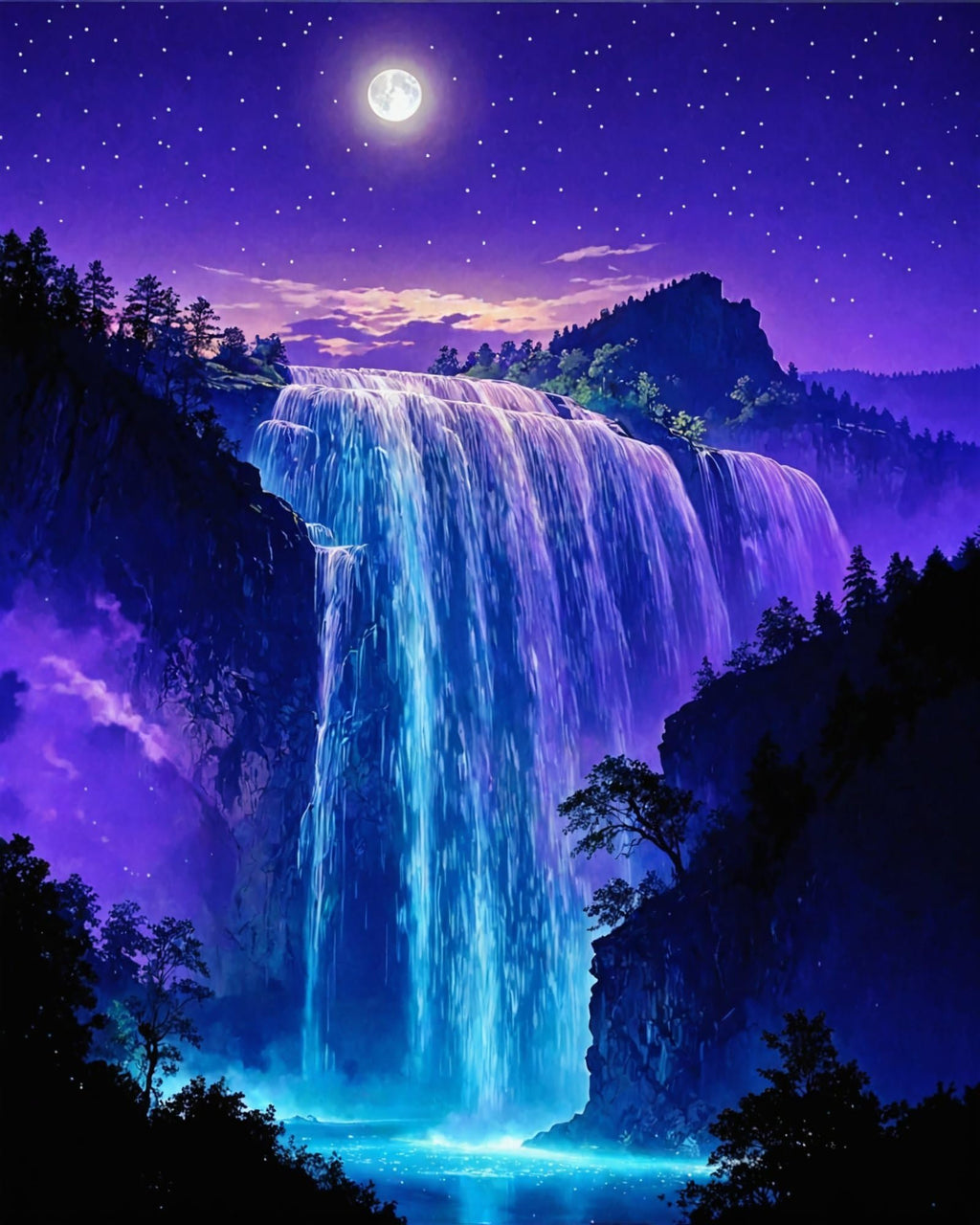 Nighttime waterfall scene with a full moon and stars in a purple sky, surrounded by dark trees and cliffs.