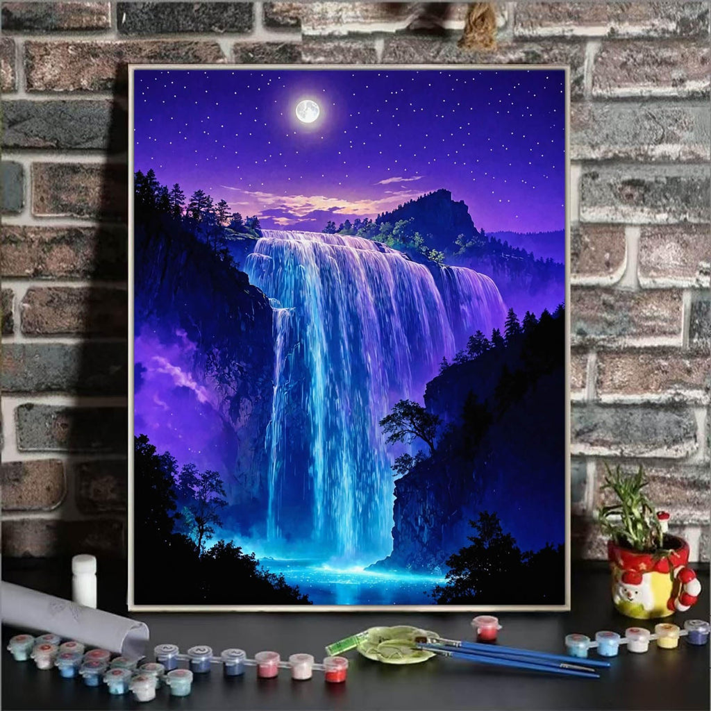 Paint by numbers kit showing a vibrant waterfall under a starry night sky with a full moon.