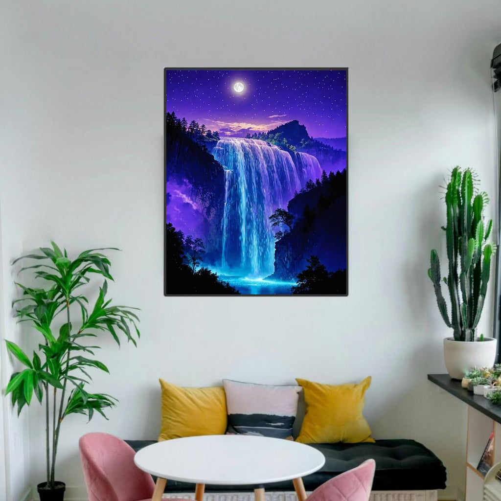 16x20 inch paint by numbers kit featuring a vibrant waterfall under a starry night sky with a full moon.