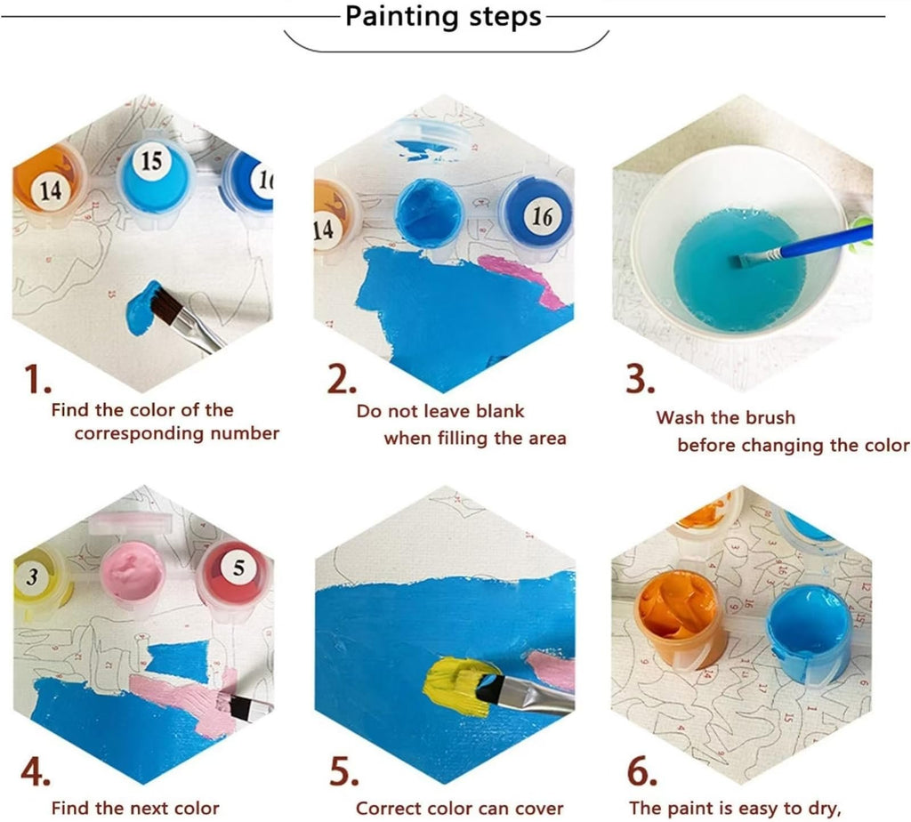 Paint by numbers kit instructions showing 6 steps with numbered paint pots and brushes.