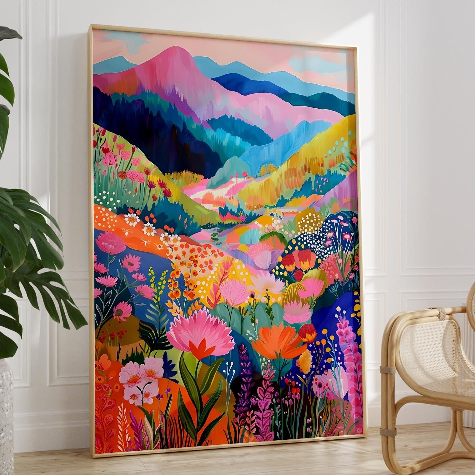 Framed colorful abstract mountain wildflower wall art poster leaning against a white wall with a plant and chair nearby.