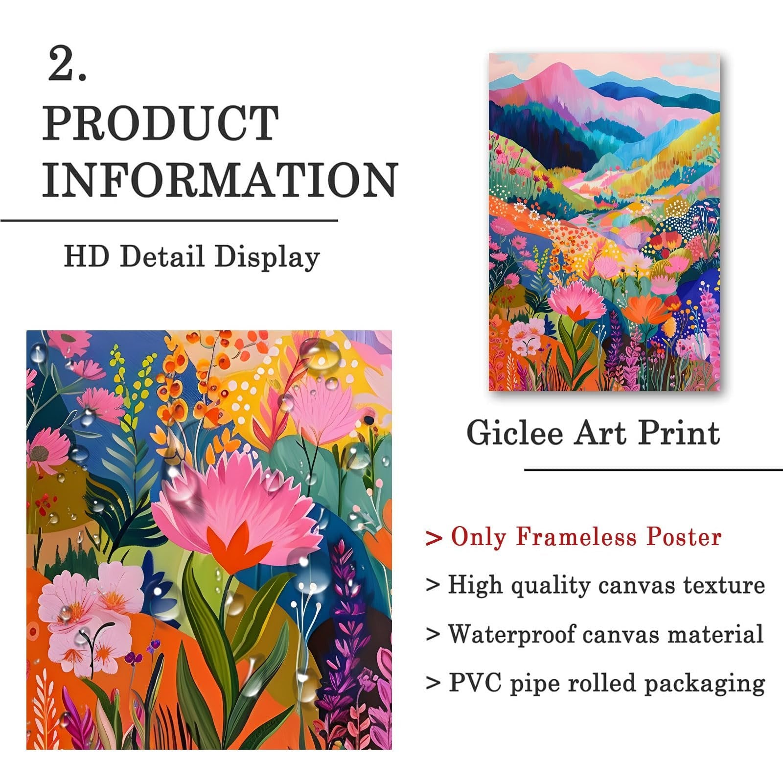 Colorful abstract mountain wildflower wall art poster with close-up detail view and product information.