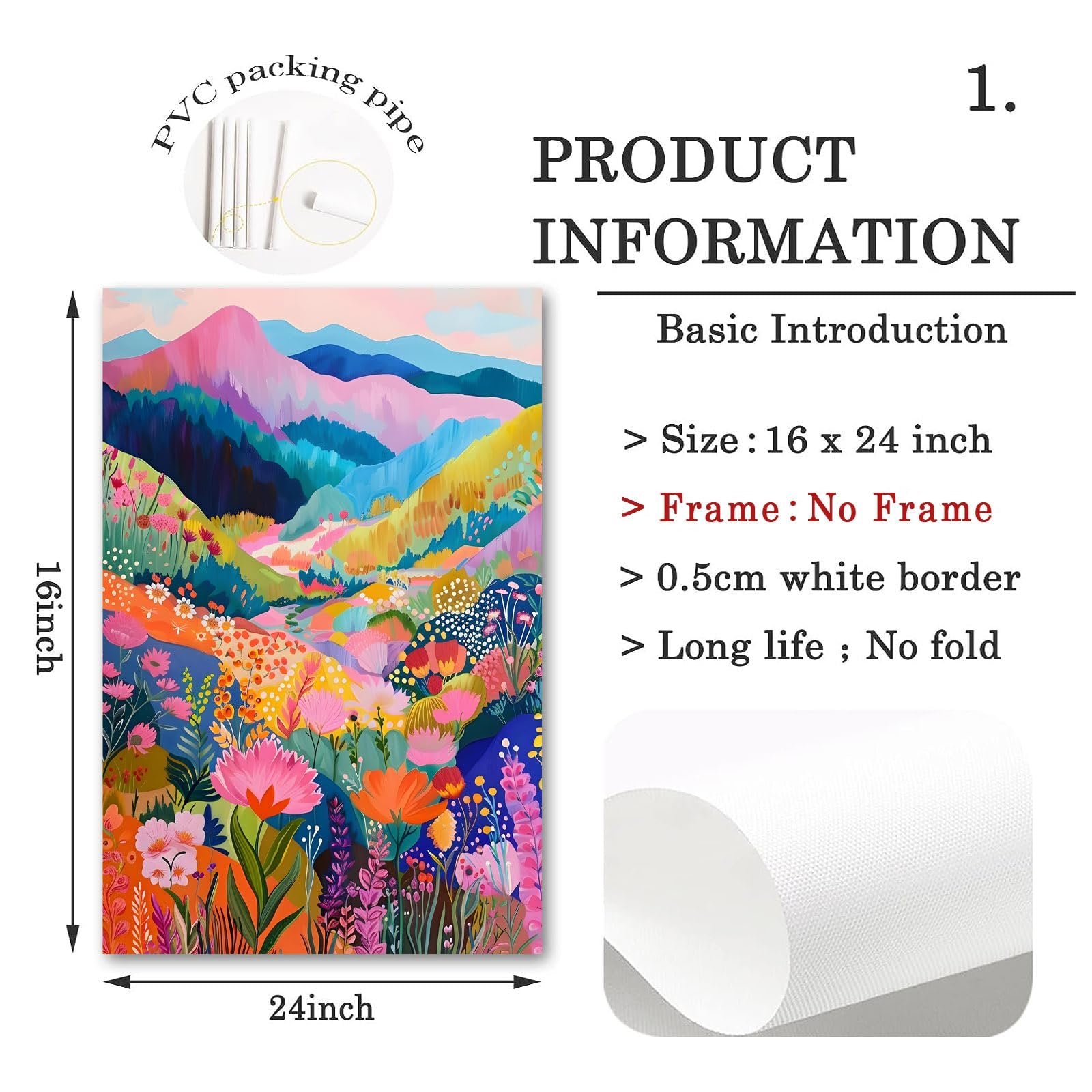 Colorful abstract mountain wildflower canvas print with dimensions 16x24 inches shown with product information.