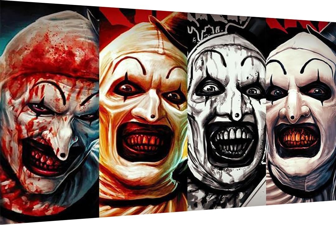 Four horror clown faces in a collage, one bloody, one pale, one grayscale, one with glowing teeth.