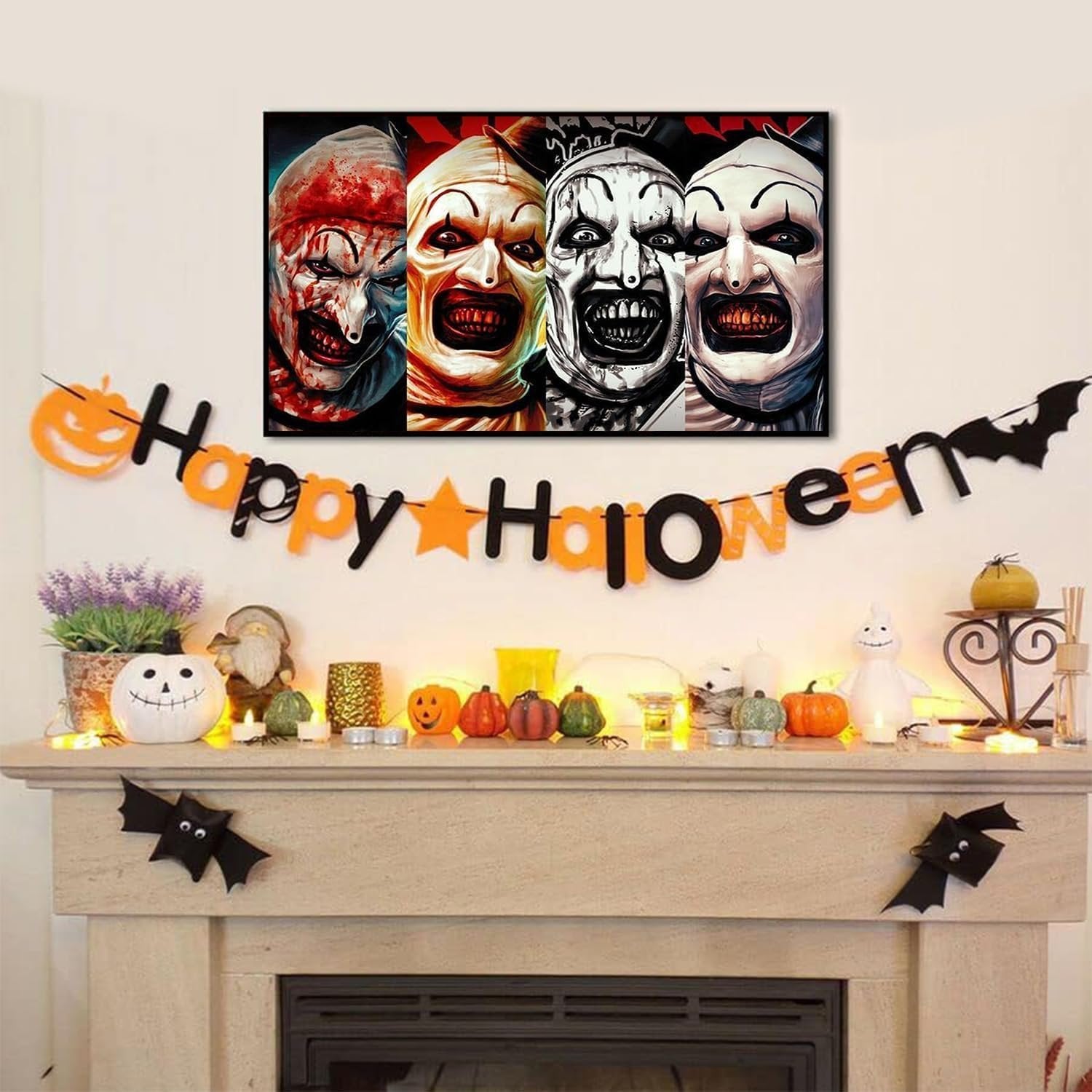 Halloween horror clown painting displayed above a fireplace decorated with a 'Happy Halloween' banner and pumpkins