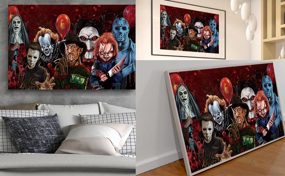 Horror movie characters collage painting on canvas, displayed in a bedroom and hallway setting.