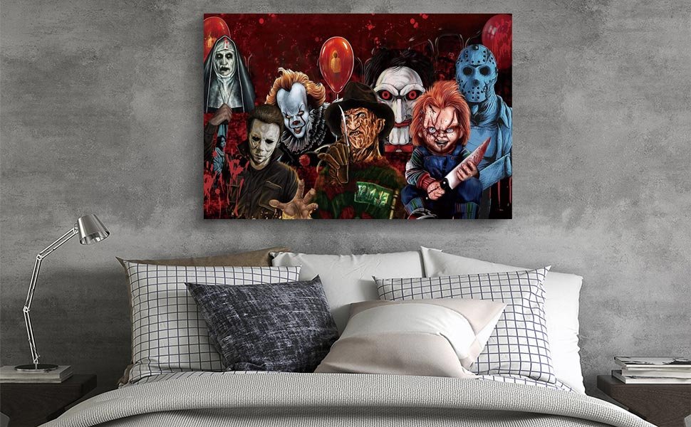 Horror movie characters collage painting on canvas, displayed above a bed.