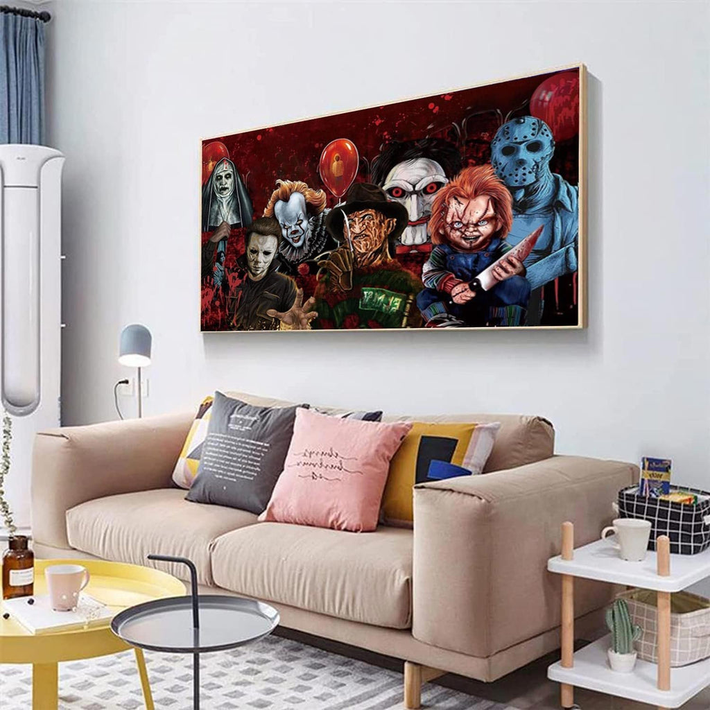 Horror movie characters painted on canvas, framed and hung above a sofa.