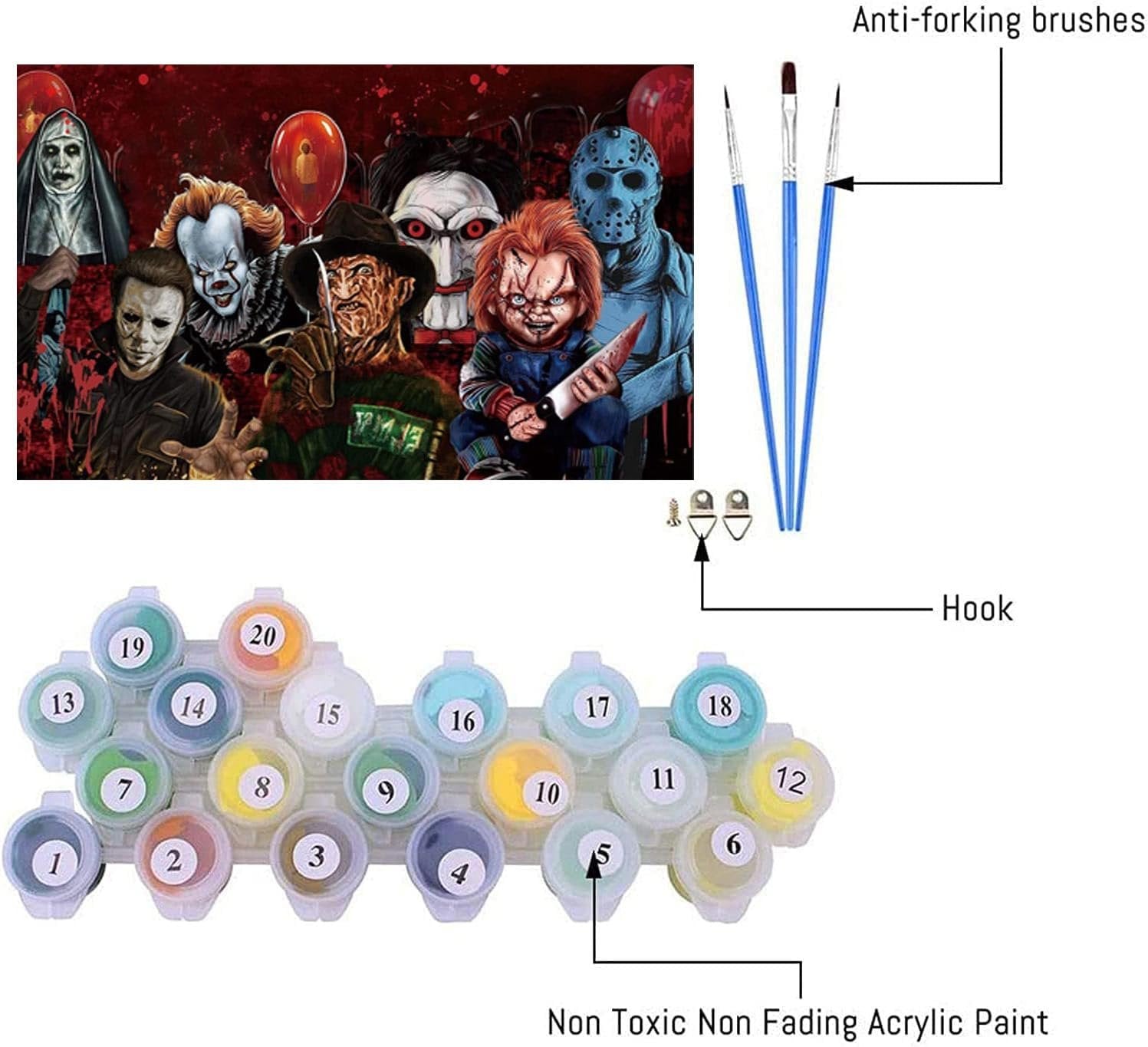 Halloween horror paint by numbers kit with numbered paint pots, brushes, and hooks. Features iconic horror characters.