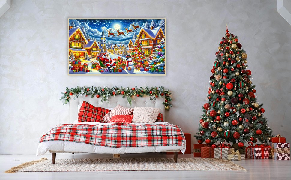 Christmas diamond art kit depicting Santa in a sleigh with presents in a snowy village, displayed above a bed with festive decor and a Christmas tree.