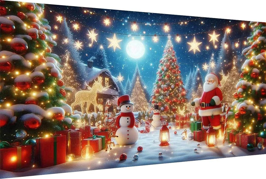 Christmas scene with decorated trees, Santa Claus, snowmen, reindeer, and gifts under a starry night sky with a full moon.